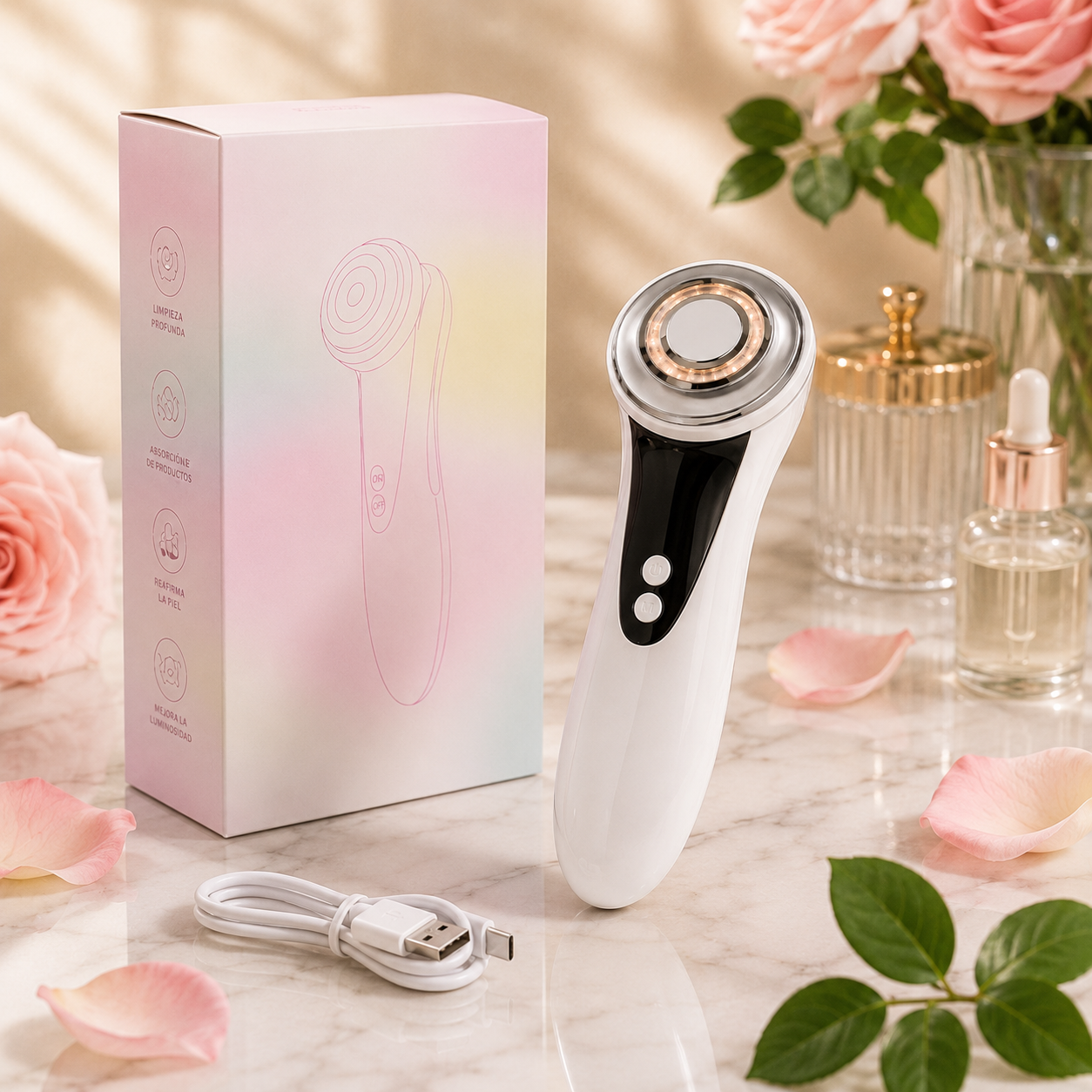 Masajeador Facial Multifunción 4 en 1 — Antiarrugas con Frío, Calor y LED